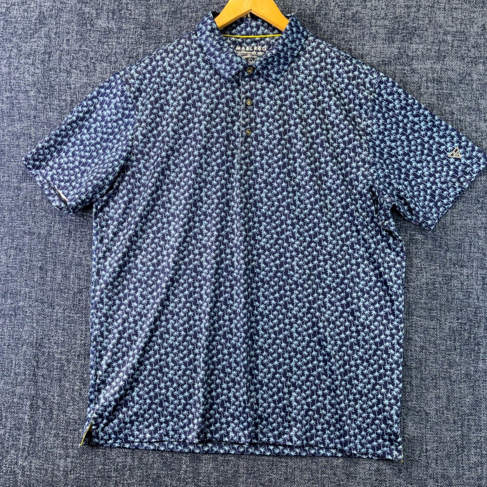 MAELREG Performance Polo Mens L Navy Blue Polyester Regular Palm Tree Print